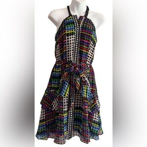 Saloni Silk Mini Dress sz 4 button up‎ multicolor strappy sleeve
